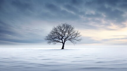 Fototapeta premium A Lone Tree Standing Tall Against a Stark Snowy Landscape: A Symbol of Resilience and Serenity in the Face of Harsh Conditions