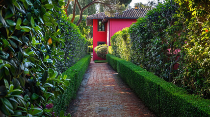 A narrow angle focusing on the pathway flanked by manicured hedges leading to a bright magenta house, emphasizing depth.