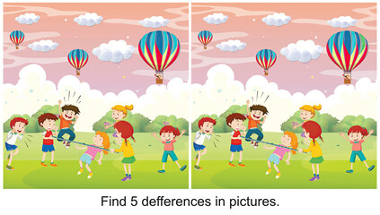 Children are learning to play games among the rainbow. find 5 differences in the picture.