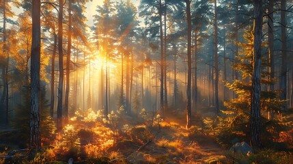 Obraz premium A photorealistic depiction of a forest at dawn, with the first rays of light filtering through the trees, casting long shadows and soft, warm hues that highlight the tranquility of the early morning.