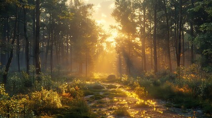 Obraz premium A photorealistic depiction of a forest at dawn, with the first rays of light filtering through the trees, casting long shadows and soft, warm hues that highlight the tranquility of the early morning.