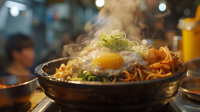 Frische gebratene Nudeln mit Ei und Fr&uuml;hlingszwiebeln auf einem Markt in Asien - Ai-Ki generiert