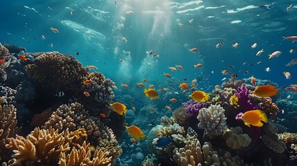 Fototapeta premium Dive into the vibrant underwater world of the Red Sea, where coral reefs and colorful fish create an enchanting scene for aquatic enthusiasts to explore.