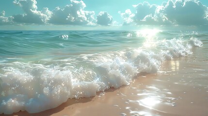 A photorealistic depiction of crystal-clear waves rolling onto a beach, the water's aqua and mint green colors sparkling in the sunlight, highlighting the purity and freshness of the sea. - obrazy, fototapety, plakaty