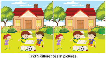 children playing in front of the house find 5 differences in the picture.