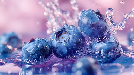 Food shot, super wide angle blueberries waterfall splash, liquid explosion against pastel color background, Focus on Blueberries with high resolution