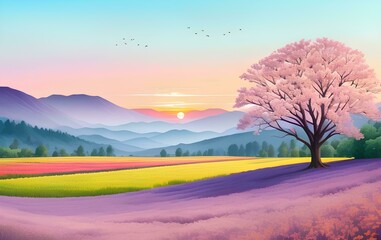 Beautiful and Peaceful Nature Scenery Illustration, Landscape, Countryside, Tranquil, Vibrant and Colorful