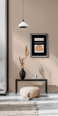 Minimalist peach interior design decor with textured elements and natural light from a window. Interiors composition with copyspace for text.