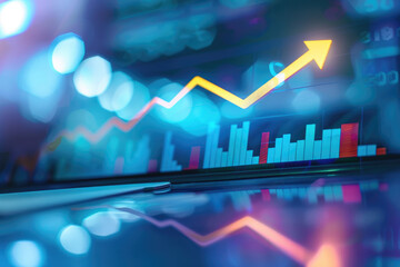 arrow pointing upwards digital chart, blured background, business graph showing growth