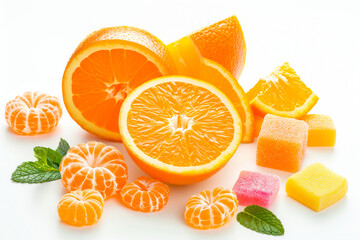 several bright orange oranges, some deep orange tangerines, and translucent orange jelly cubes.