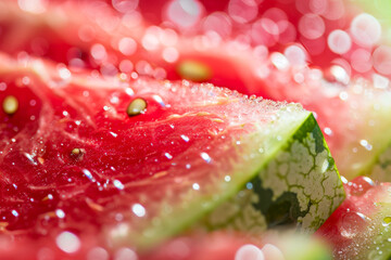 close-up of a juicy watermelon slice, glistening with water droplets