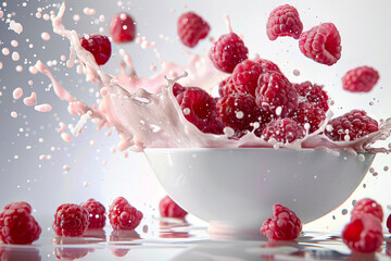 Milk splashes in a white bowl as a cluster of raspberries falls in