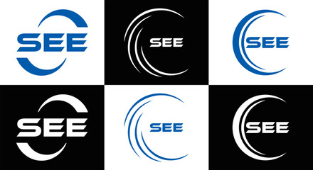 SEE logo. S E E design. White SEE letter. SEE, S E E letter logo design. Initial letter SEE letter logo set, linked circle uppercase monogram logo. S E E letter logo vector design.	
