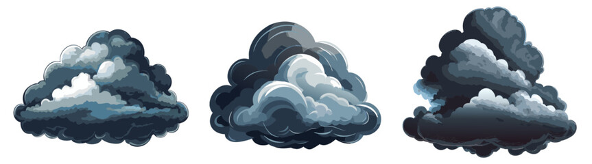 Set of three fluffy dark clouds isolated on a white background