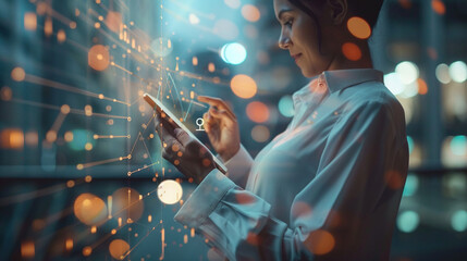 Businessman using mobile smartphone and icon network connection data with growth graph customer, digital marketing, banking and payment online, analysis and planning of business