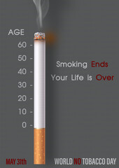 Conceptual poster campaign of life with smoking and wording of world no tobacco day on paper pattern and dark gray background.