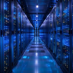 Fototapeta premium A high-tech data center, with rows of glowing servers: Enhanced Network and Storage Capacity.