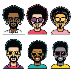 Six diverse avatars featuring people different styles, individual expresses unique personality through hairstyle, sunglasses, earrings. Portraits set against clean background versatile use