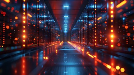 A high-tech data center, with rows of glowing servers: Network Operations Core.