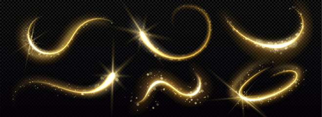 Gold magic star trail with glitter and light dust. Golden particle glow effect on black background. Abstract swirl line with shimmer and sparkle motion element. Festive Christmas confetti and stardust © klyaksun