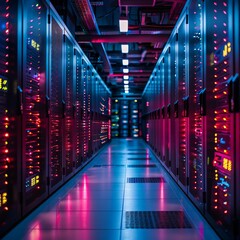Fototapeta premium A high-tech data center, with rows of glowing servers: Revolutionary Backup and Storage Systems.