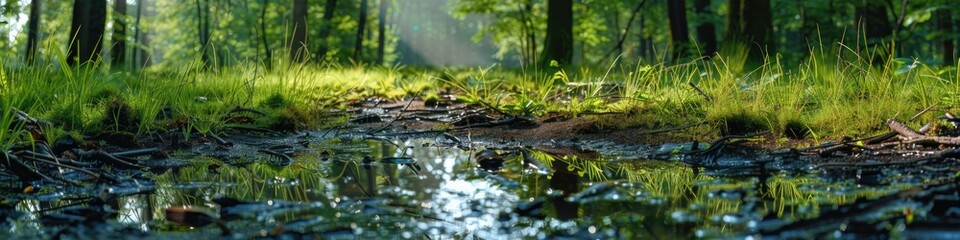 Forest scene, lush green trees, sunlight filtering through leaves, small pond, peaceful nature setting, springtime, serene atmosphere, reflective water, woodland area.

