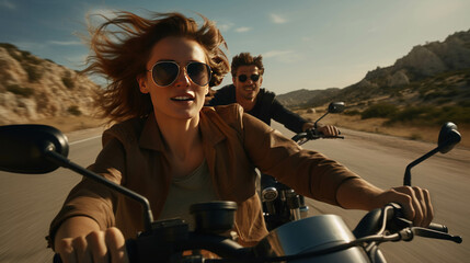 Lover adventure travel couple riding a motorcycle together on a road trip