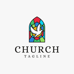 Church Christian Catholic logo vector icon with with flying dove and window on white background