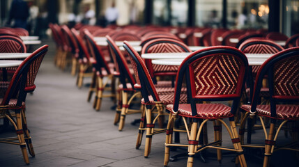 Many red chairs with red wicker on outdoor tables in Parisian cafe or restaurants in Paris city