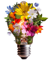 Inspirational Light Bulb with Colorful Flowers and leaves isolated on a transparent background