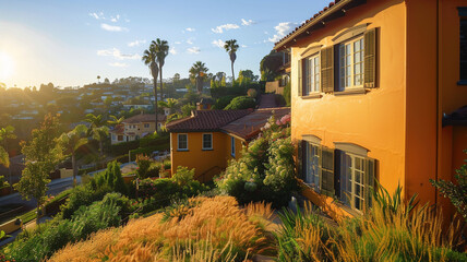 A panoramic view from a hillside reveals the sunny tangerine-colored house with traditional windows and shutters, standing out against the lush greenery of the suburban neighborhood
