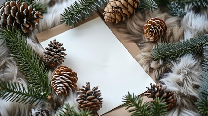 Blank invitation with a cozy frame of pine cones and evergreen sprigs on a backdrop of faux fur