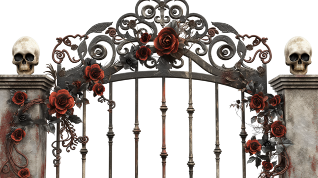 Iron gate with skull and flowers-haunted and spooky decoration isolated on a transparent background