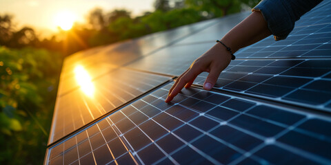 Close up of engineer hand touching a solar panel. checking operation and cleanliness of photovoltaic solar panels renewable green energy concept