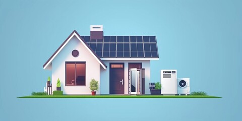 Solar panels on the eco friendly modern roof house illustration. Renewable green energy concept.
