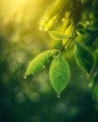 Macro shot of raindrops on green leaves on rainy day with ultra realistic detail