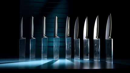 A Set of Sleek Kitchen Knives Arranged Against a Minimalist Background: Combining Functionality with Modern Design Aesthetics