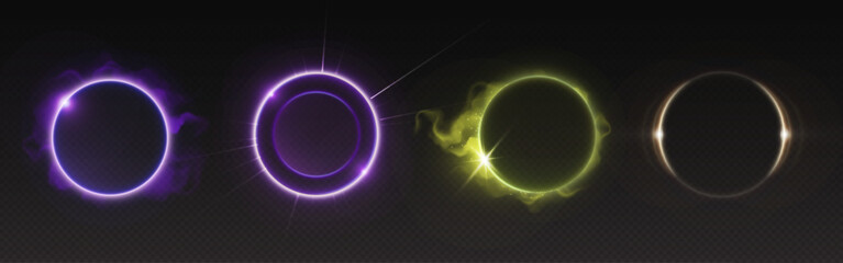 Halo light ring with neon flare glow effect vector. 3d abstract circular magic portal. Shine radial speed line design. Round space ball with spiral aura edge motion for nightclub party digital graphic © klyaksun