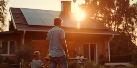 dad holding a young little son standing looking at solar panels installed on the roof of their house. Rear view of Happy family on background of solar panels.