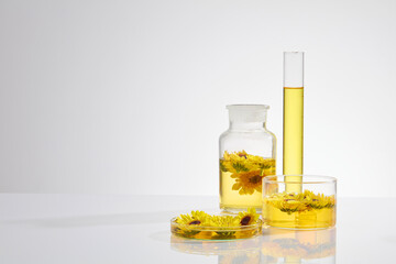Yellow essence extracted from fresh calendula flowers contained in experimental instrument on white...