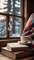 Cozy Winter Retreat, Vintage Windowsill Set with Hot Tea, Book, and Plaid Blanket