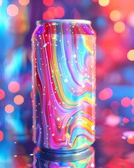 a soda can designed with a music aesthetic, real, fun, synesthesia , bright colourful backfround