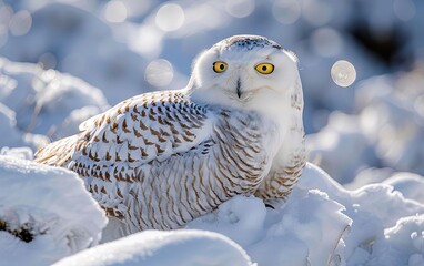 A snowy owl resting on a snowcovered mound, its bright yellow eyes focused intently on the distance