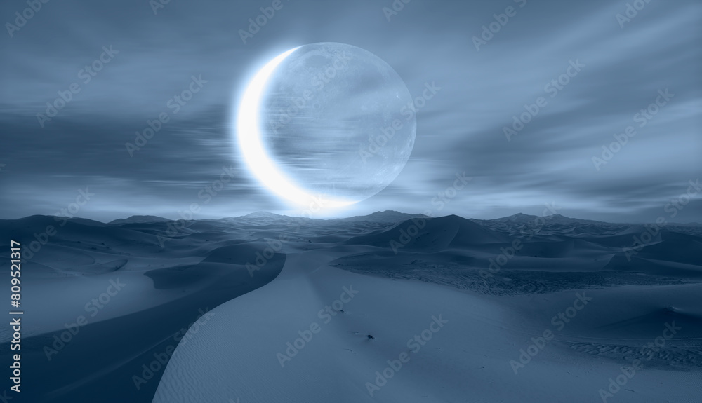 Fototapete Night sky with crescent moon in the clouds on the foreground hot desert (sand dune) 