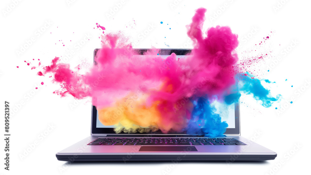Fototapete laptop with colorful paint splashes for financial analysis isolated on a transparent background