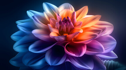 a vibrant, layered flower with a gradient of colors and a glowing effect against a dark background.