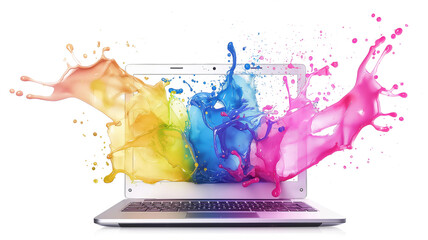 Laptop with Colorful Paint Splashes for Financial analysis isolated on a transparent background