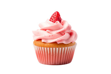  A delicious pink frosted cupcake topped with a cherry, transparent background
