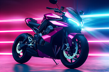 A purple motorcycle with a Tire parked in front of a neon light