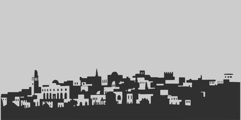 Fototapeta premium A city skyline with tall buildings and a church. Monochrome isolated vector cityscape